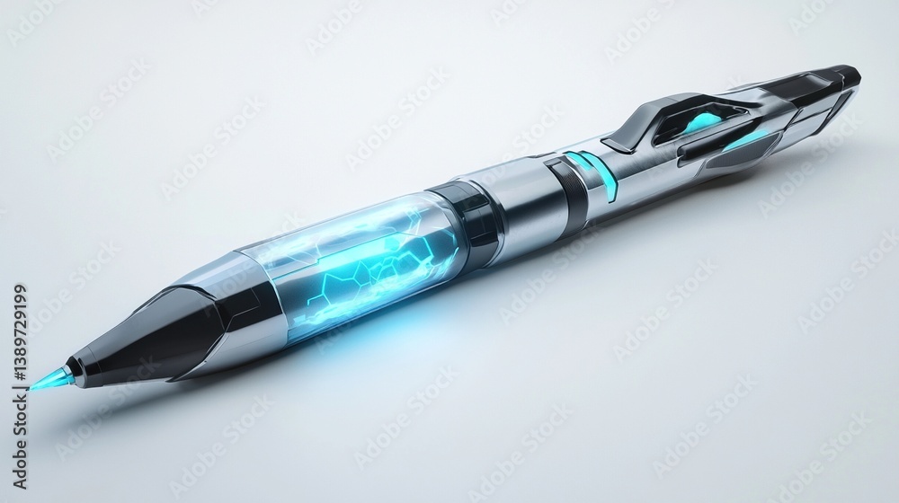 Futuristic silver pen with glowing blue core. Futuristic silver pen with glowing blue core.