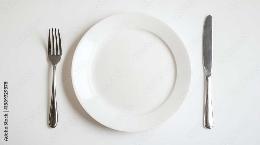 Empty white plate with fork and knife on white background for restaurant or food concept Empty white plate with fork and knife on white background for restaurant or food concept
