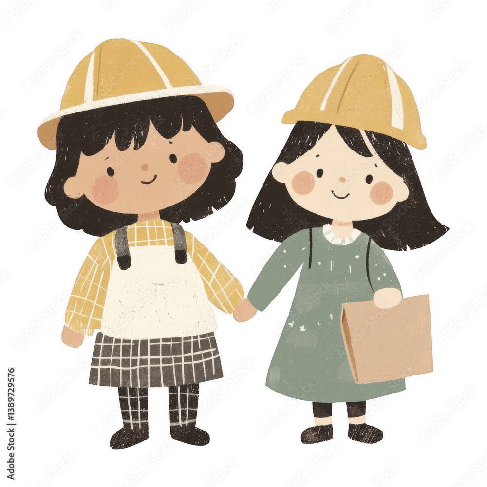 Two cheerful girls wearing construction hats, smiling and holding hands. One has a clipboard, showcasing teamwork and friendship in a playful, illustrated style. Two cheerful girls wearing construction hats, smiling and holding hands. One has a clipboard, showcasing teamwork and friendship in a playful, illustrated style.