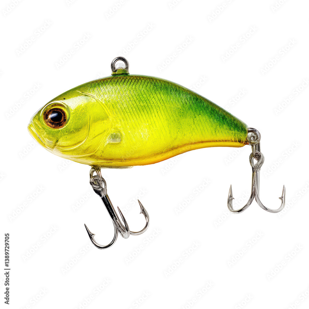 A vibrant fishing lure featuring a yellow and green body with detailed scales and sharp treble hooks. A vibrant fishing lure featuring a yellow and green body with detailed scales and sharp treble hooks.