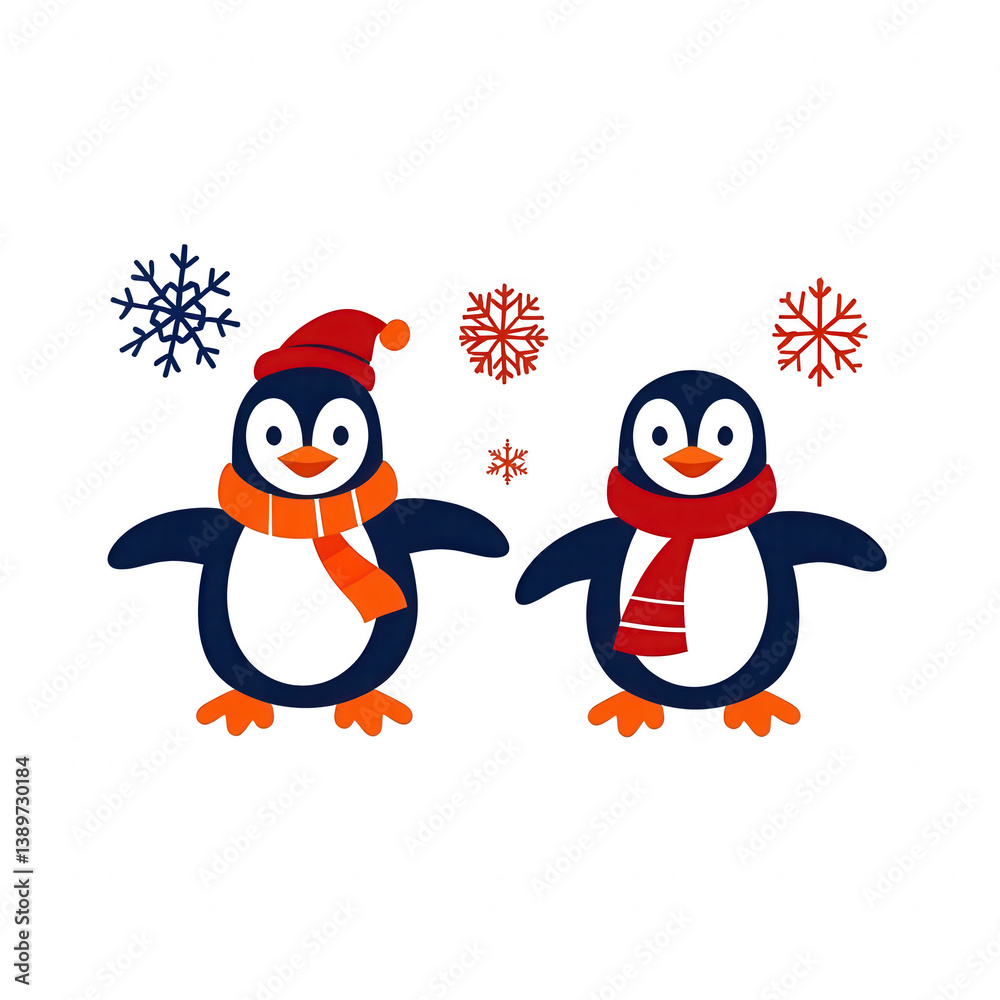 Fototapeta premium Two cute penguins wearing colorful hats and scarves, surrounded by snowflakes. Perfect for winter-themed designs, holiday decorations, or children's illustrations.