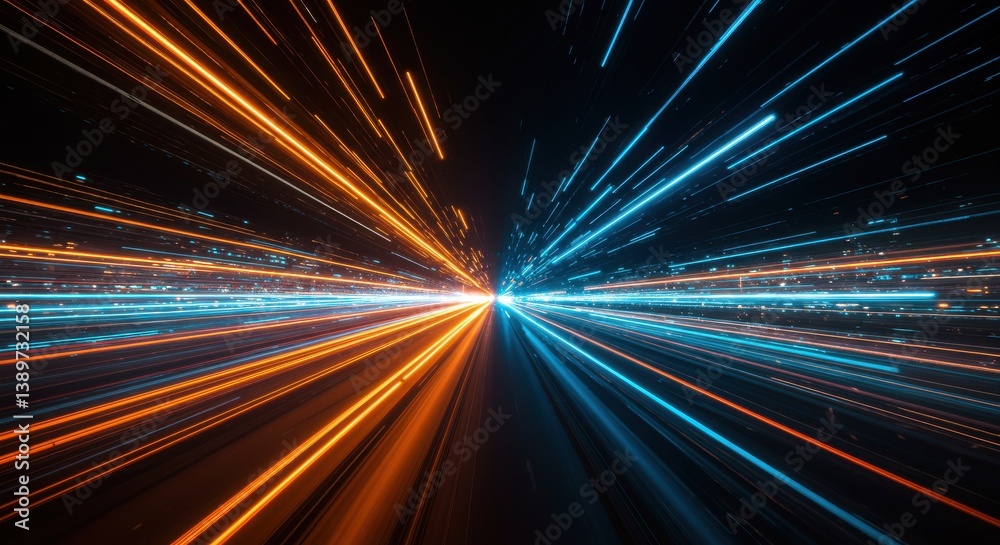 Obraz premium Abstract light trails converging in the center with blue and orange hues on a dark background