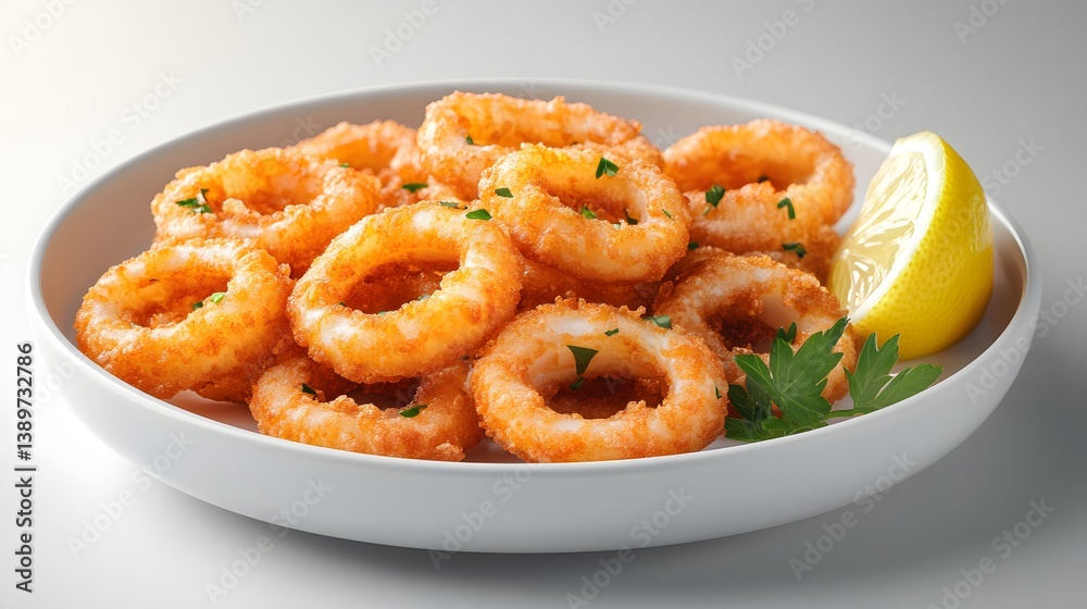 Crispy golden-brown fried calamari rings arranged on white plate with lemon wedge, set against soft-focus light grey tabletop. Crispy golden-brown fried calamari rings arranged on white plate with lemon wedge, set against soft-focus light grey tabletop.