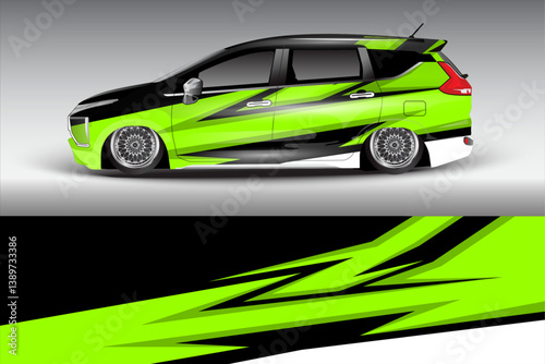 Sleek modified car with vibrant green and black design showcased against a gradient backdrop