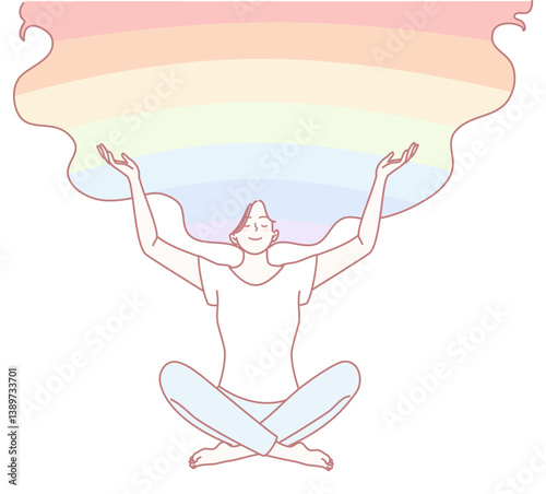 A tranquil and serene illustration depicts a woman deeply meditating, surrounded by flowing, rainbowcolored hair