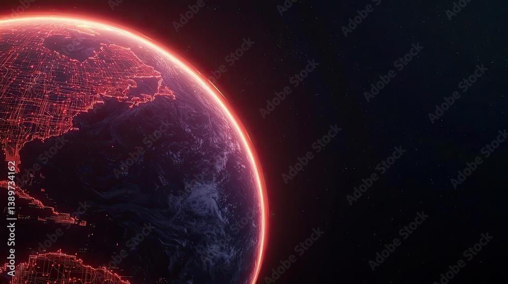 Obraz premium Earth with glowing network representing digital technology concept. Realistic depiction of Earth with a glowing red aura.