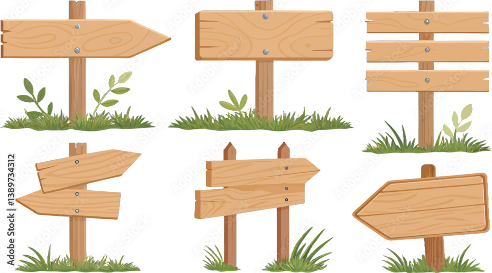 Set of wooden direction signs with greenery, perfect for guiding path lovers.