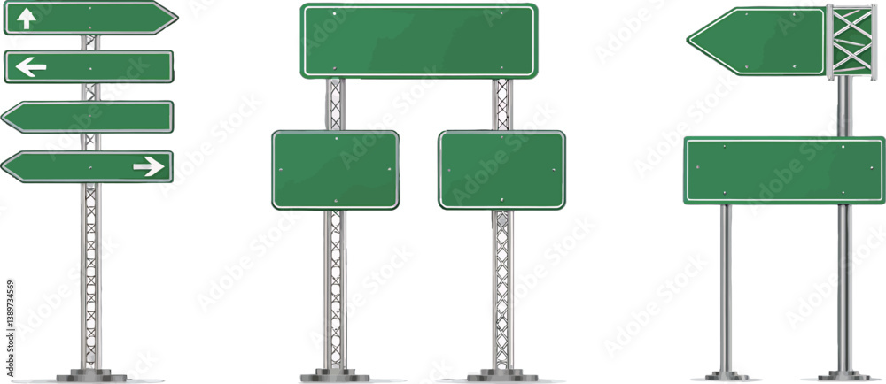 Collection of blank green road signs ready for directional information.