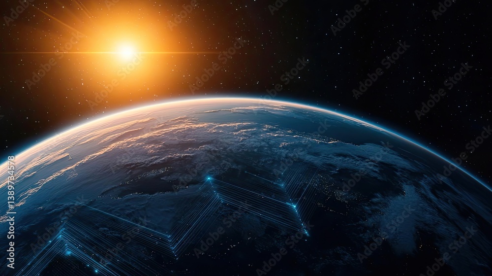 Obraz premium Earth with glowing network representing digital technology concept. A stunning view of Earth illuminated by the rising sun.