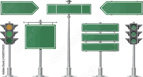 Set of various blank traffic signs and signals for customizable road directions.