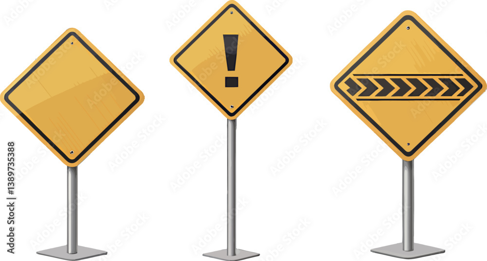Three warning traffic signs on poles with yellow backgrounds and varied symbols. Three warning traffic signs on poles with yellow backgrounds and varied symbols.