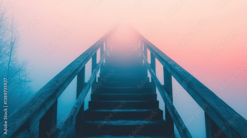 Obraz premium Misty Staircase Leading to Ethereal Light in Foggy Environment