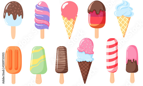 Variety of Ice Creams and Popsicles. Vector Illustration, vibrant colours