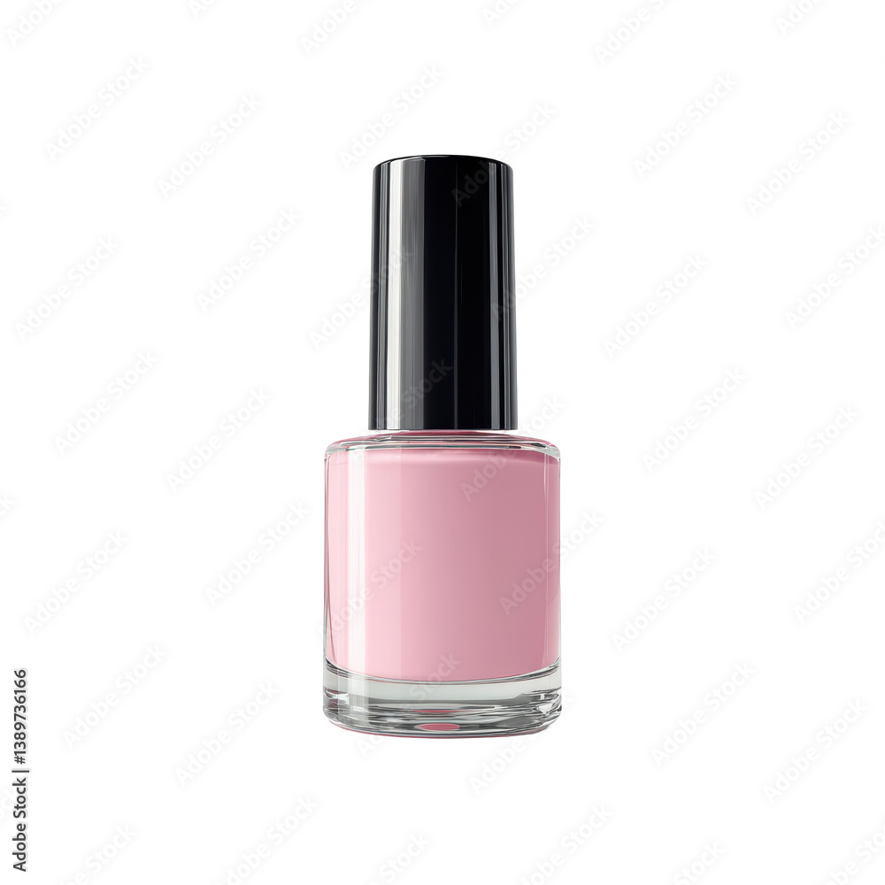 A sleek bottle of pink nail polish featuring a glossy black cap, showcasing a vibrant shade ideal for manicures.
