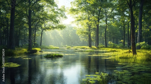 Tranquil forest pond in early morning light