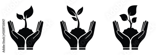 Plant on hand icon, hands with plant, ecology organic seedling icon design vector illustration
