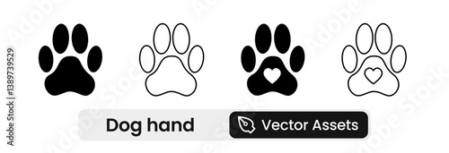 Set of smeared footprint of large dog icon. Collection of old black, traces with jagged edges, mud rubbed footprint ferocious animal running after prey. Hand vector painted with a brush