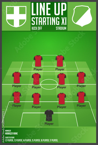 Infographic for football or soccer match lineups formation. Set of football player positions on soccer field. Football kit with soccer jersey icons in flat design.