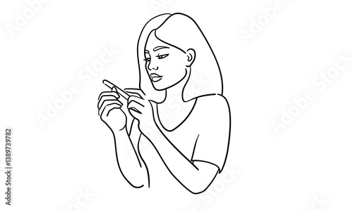 Girl paints her nails, continious line drawing. Personal care, beauty salon, makeup, nail polish. Vector illustration