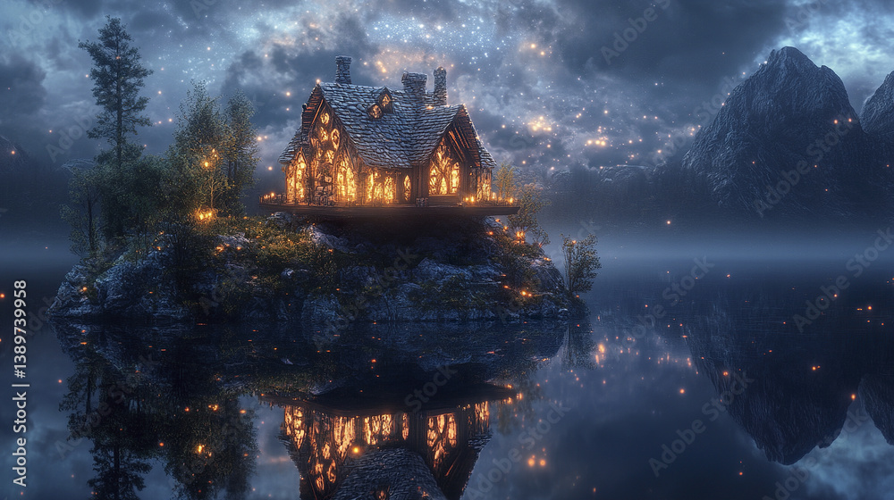 Floating crystal house over enchanted lake with glowing lights Floating crystal house over enchanted lake with glowing lights