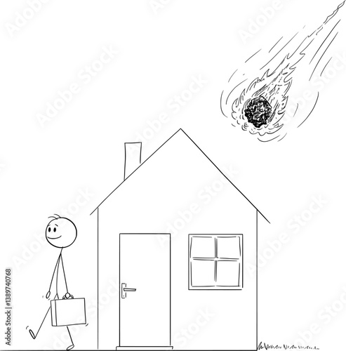 Meteorite or meteor hits the family house, natural disaster destroying home, vector cartoon stick figure or character illustration.