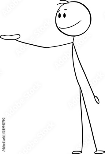 Person with empty outstretched hand or palm showing or offering something, vector cartoon stick figure or character illustration.
