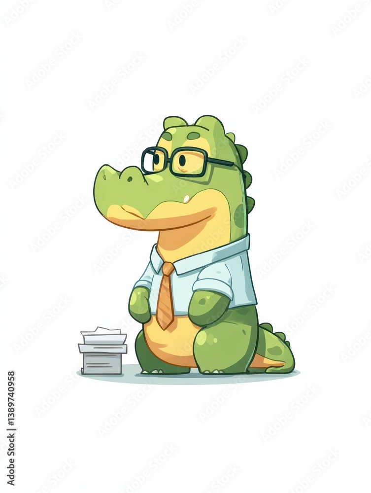 Obraz premium A cheerful cartoon alligator wears glasses, a button-up shirt, and a tie while sitting at an office desk