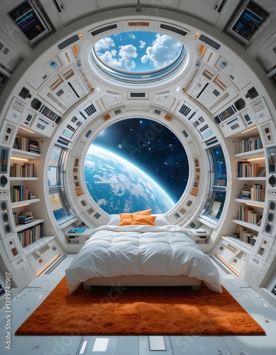 Luxury Sci-fi Futuristic Spaceship Cabin Interior with Earth View and Cozy Modern Design

