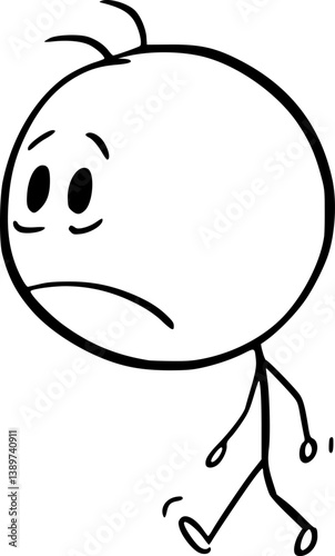 Unhappy sad person with big head , vector cartoon stick figure or character illustration.
