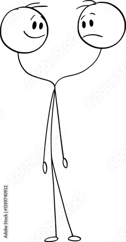 Various moods or emotions on face, psychology or schizophrenia , vector cartoon stick figure or character illustration.
