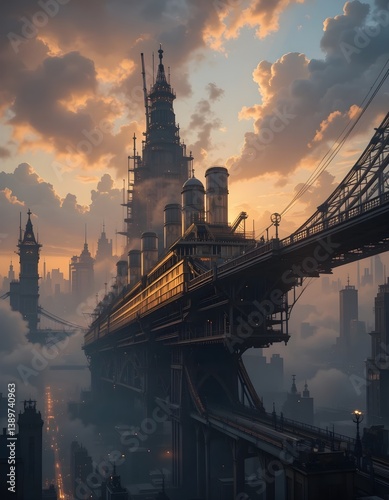 Steampunk Metropolis at Sunset with Glowing Architecture and Atmospheric Light
