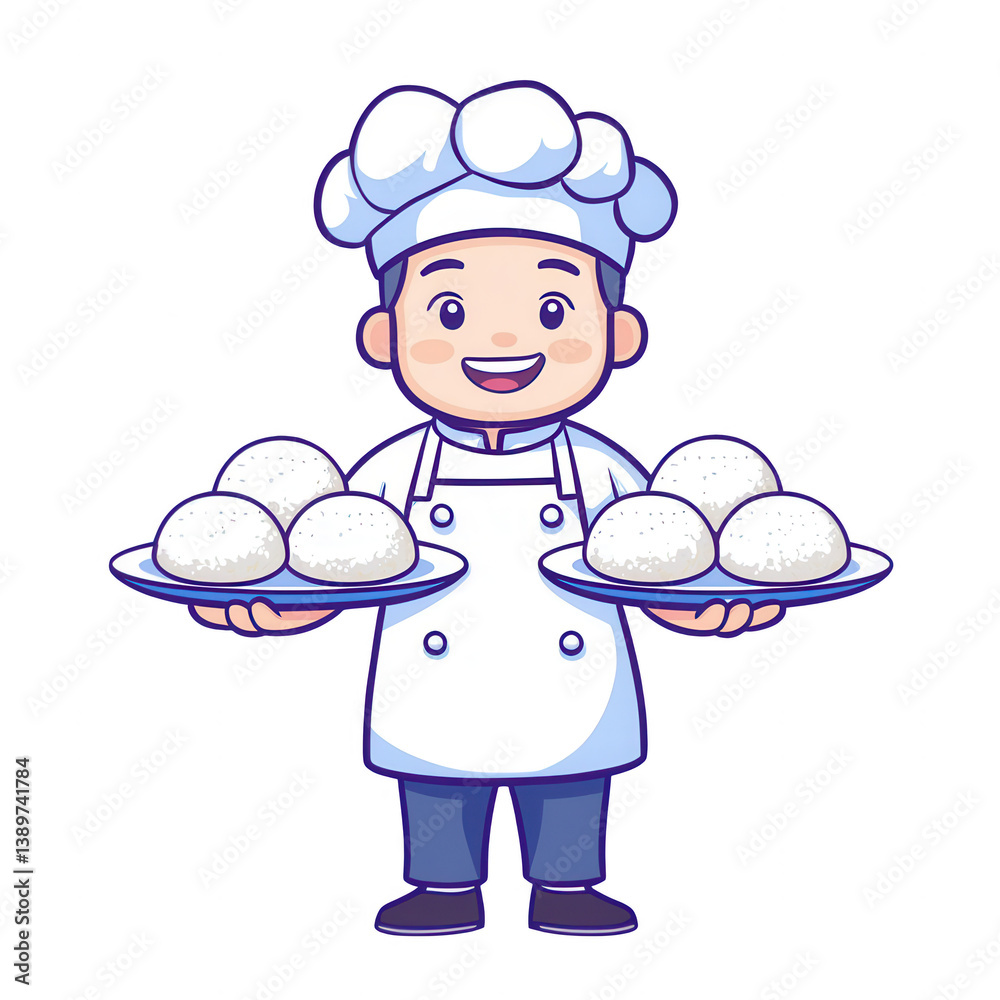 A cheerful chef character holding two plates of rice balls, wearing a white chef's hat and uniform against a transparent background.