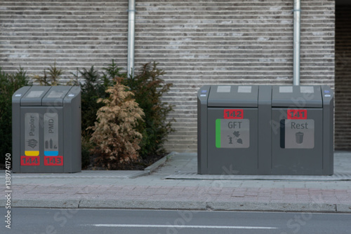 Waste separation, waste separation in belgium, meanings in dutch, Clean and tidy recycling bins on a city street, Waste bins for waste sorting,for plastic, food, recycling and other