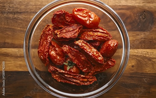 Sun-Dried Tomatoes in Glass Bowl Overhead Shot
