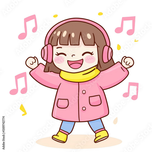 A cheerful girl in a pink coat and headphones, happily dancing with musical notes around her, embodying joy and love for music on a white isolated background.