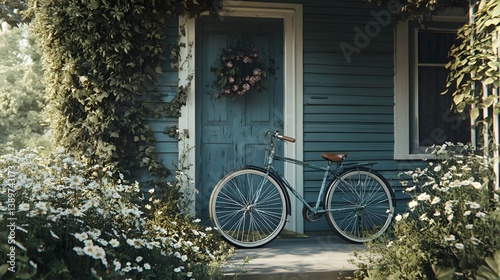 Classic vintage bicycle parked elegantly in front of a beautiful house with a welcoming porch