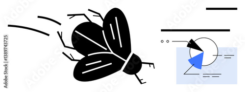 Black flying insect surrounded by dynamic lines, abstract geometric shapes, and analytical graphics. Ideal for nature, data analysis, motion, tech innovation, science, digital dynamics biodiversity