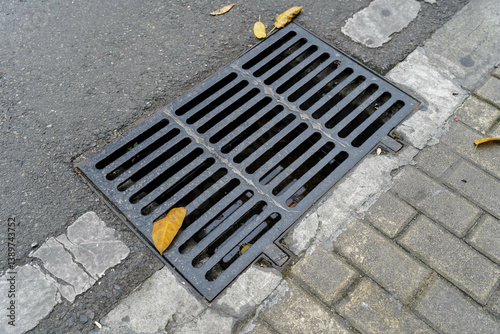 Obraz na płótnie A gutter, a drain for rainwater on a pedestrian path w salonie