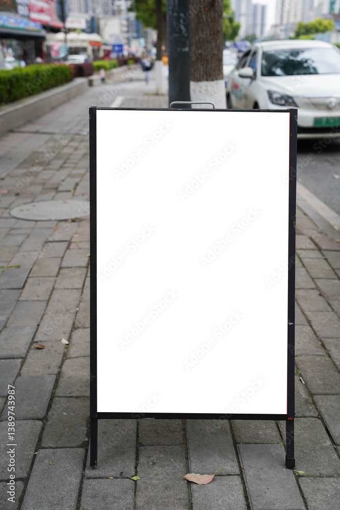 Blank white outdoor advertising stand/sandwich board mock up template on street