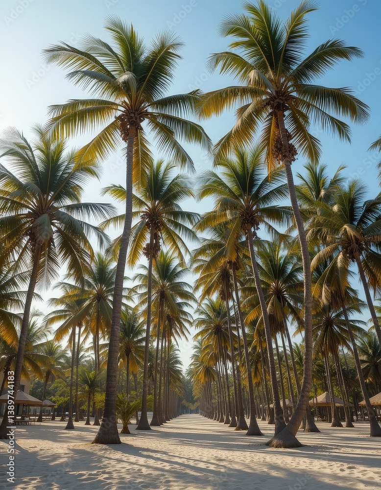 A serene beach scene featuring tall palm trees swaying gently in the breeze, with warm sunlight filtering through their lush green leaves, casting playful shadows on the soft, golden sand. A serene beach scene featuring tall palm trees swaying gently in the breeze, with warm sunlight filtering through their lush green leaves, casting playful shadows on the soft, golden sand.