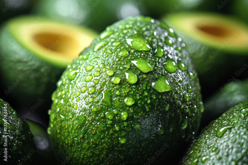 Close-up of fresh avocados with water droplets on smooth green skin