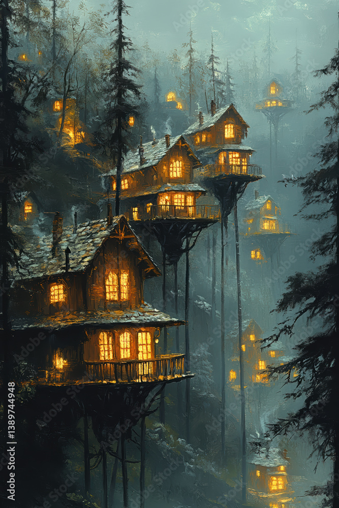 Enchanting forest treehouses with warm lights at night amidst misty pines in a magical woodland setting