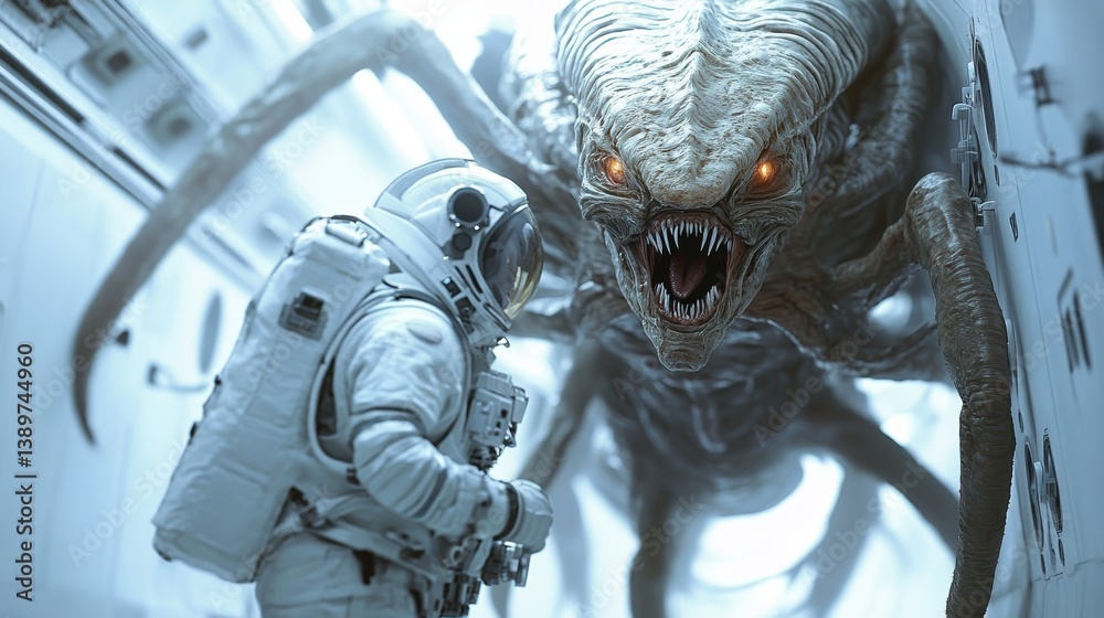 Astronaut confronts menacing alien monster in futuristic sci-fi setting