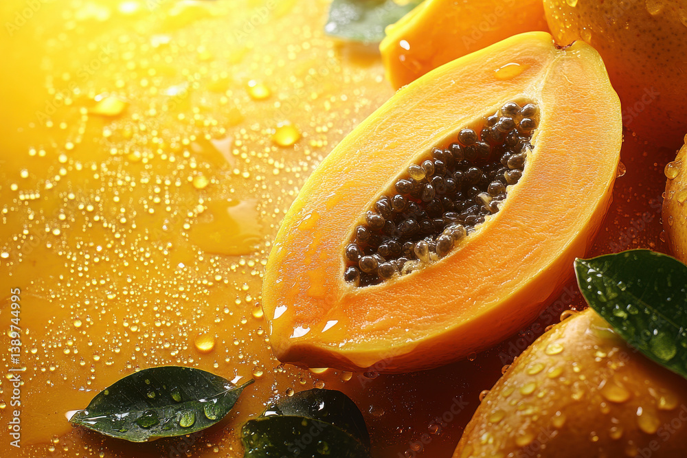 Fresh papaya with juicy seeds and green leaves on a sunlit surface, highlighting tropical fruit vibrance