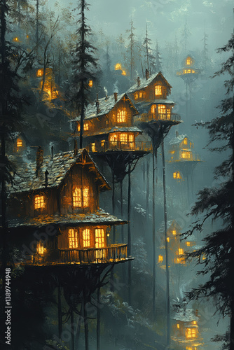 Obraz na płótnie Enchanting forest treehouses with warm lights at night amidst misty pines in a magical woodland setting w salonie