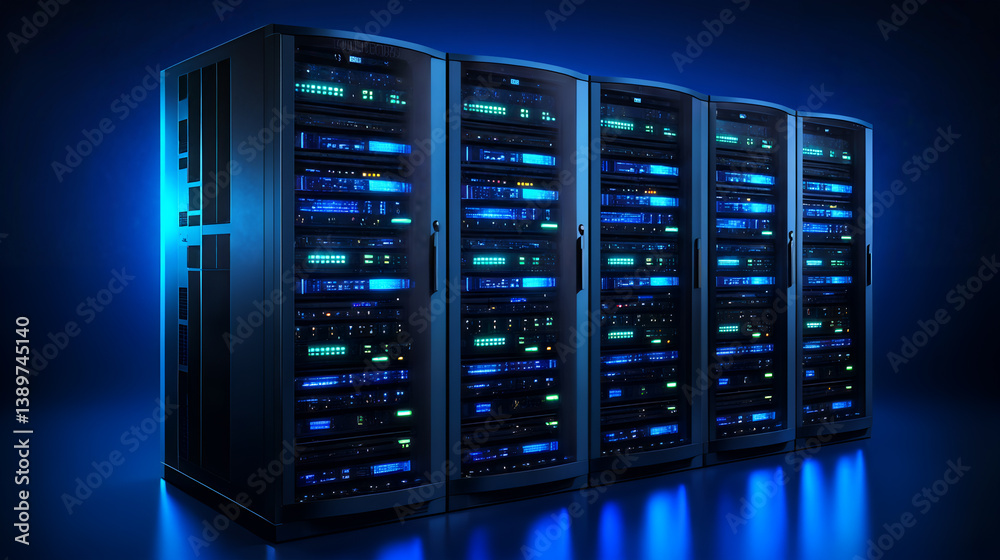 Advanced data center with glowing blue server racks in dark room