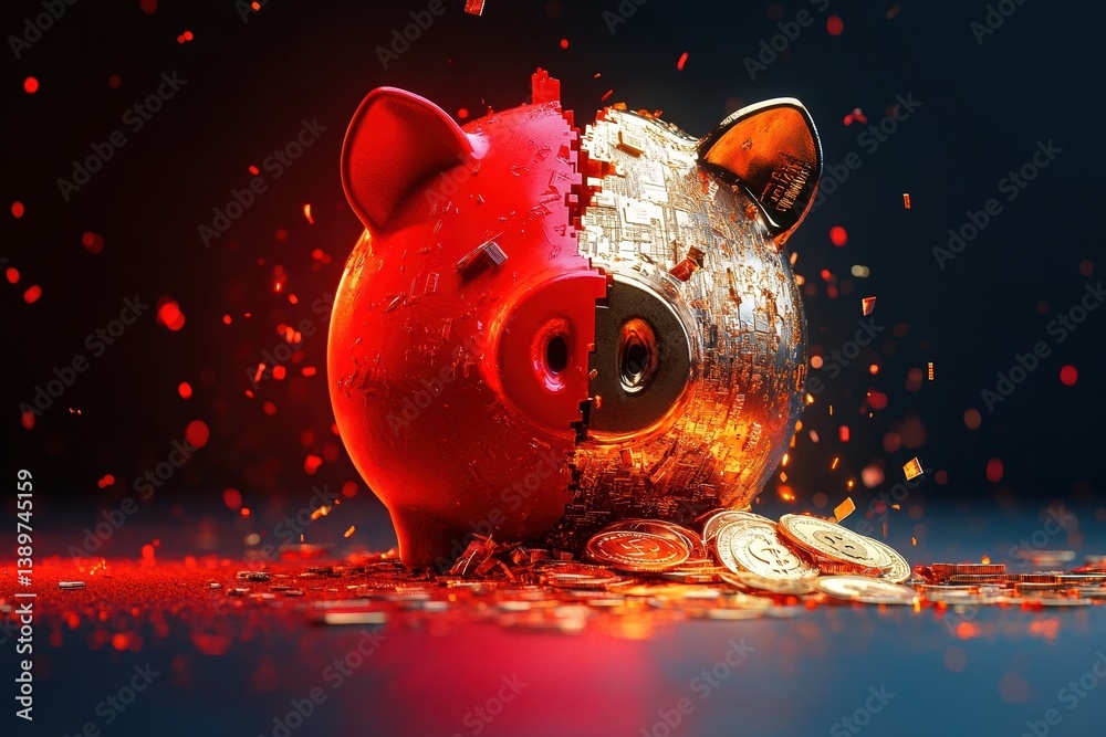 Exploding piggy bank with digital coins and circuitry amidst glowing sparks