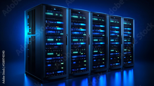 Obraz na płótnie Advanced data center with glowing blue server racks in dark room w salonie