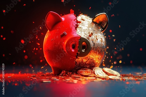 Obraz na płótnie Exploding piggy bank with digital coins and circuitry amidst glowing sparks w salonie