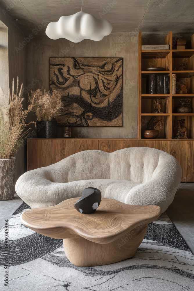 Modern cozy living room with unique curved sofa and wooden coffee table in contemporary setting